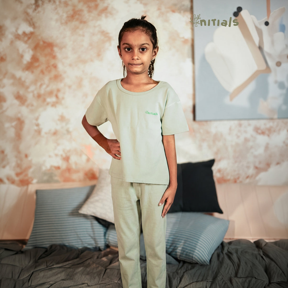 Bamboo Kids Nightwear Full set - ⁠Bamboo Green (1-5Years) | Initials